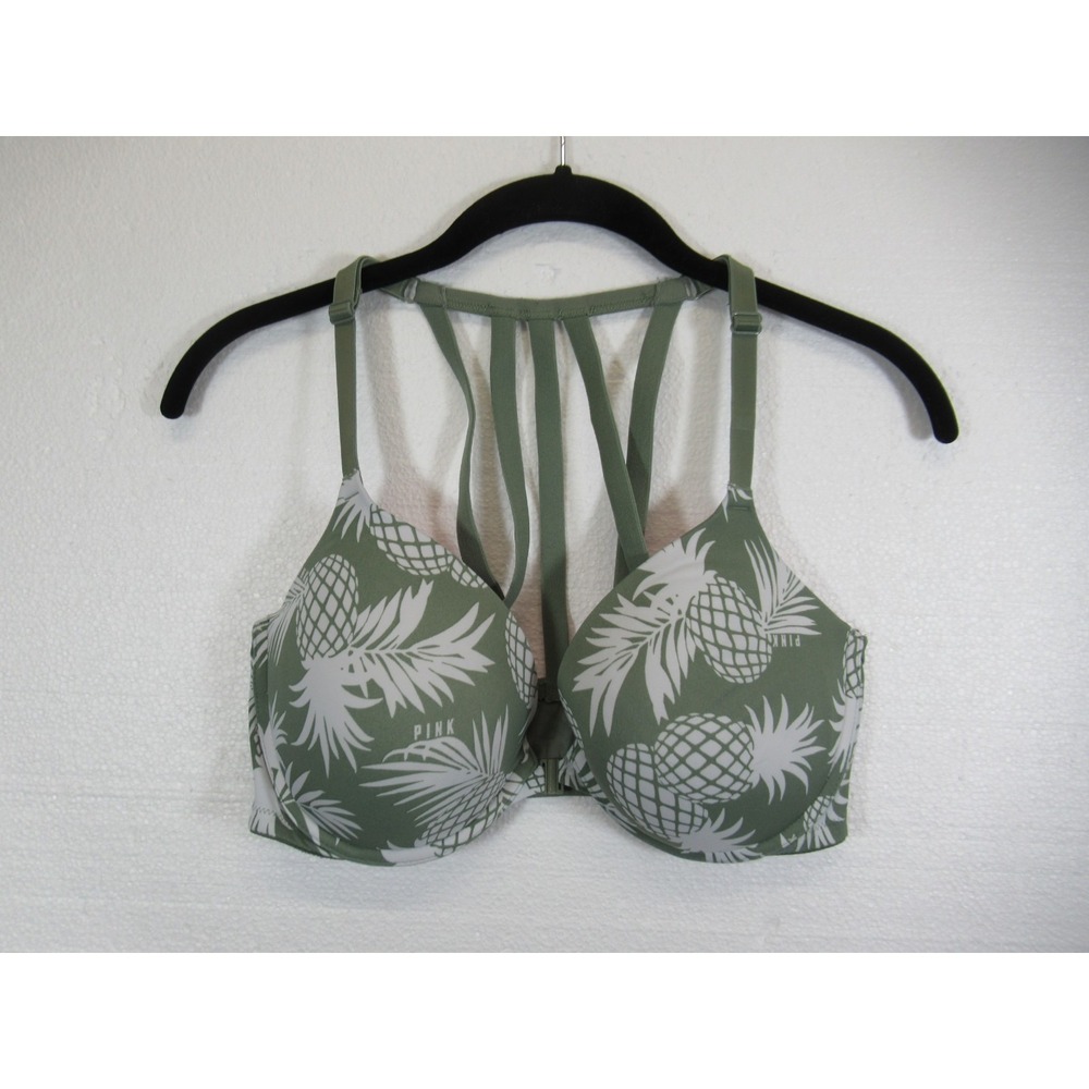 Victoria's Secret PINK Front Close Push Up Bra 34DD Underwire Padded Pineapple